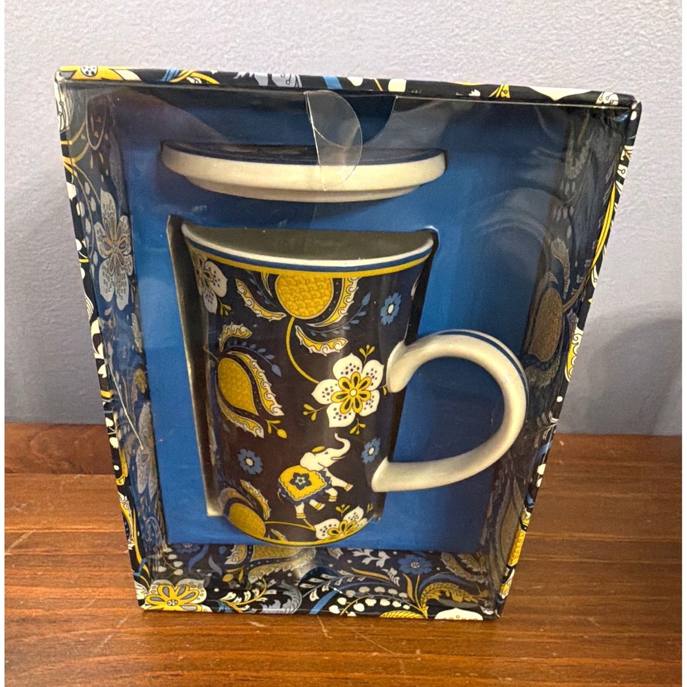 NEW Vera Bradley Ellie Blue Porcelain Paisley Mug & Lid 14oz Coffee/Tea
